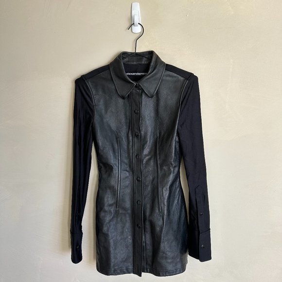 Alexander Wang Dresses & Skirts - Alexander Wang Black Tailored Button-Down Shirt Dress in Leather and Jersey SZ 0